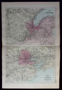 ENVIRONS OF BELFAST & CORK, original antique atlas map, RAILWAYS, G. Bacon, 1890 - Picture 1 of 4