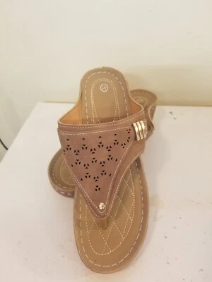 Women's Wedge Sandals 41-8.5 Brown Microfiber Buckle Cutout Slip Resistant NWOT  - Image 1 of 4