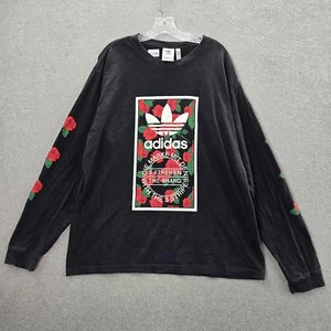 Adidas Men Shirt XL Black Long Sleeve Floral Rose Trefoil Logo Graphic Print - Picture 1 of 14
