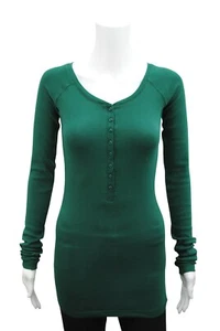 Womens P.C T-Shirt Top Button Up Long Sleeve Ribbed LYCRA Green Plus Size 6 - 18 - Picture 1 of 6