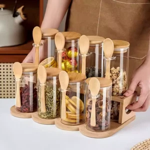 10oz Airtight Glass Jars Bamboo Lids Spoons Kitchen Canisters Coffee Sugar Bean - Picture 1 of 4