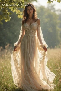 Vestido de novia boho apliques de encaje mangas largas espaguetis champán vestido de novia - Imagen 1 de 4