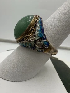 Vintage Chinesischer Jade und Emaille Ring Vergoldet Silber Filigran Mid Century Statement - Bild 1 von 11