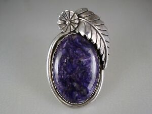 FABULOUS SOUTHWESTERN STERLING SILVER SQUASH BLOSSOM & CHAROITE RING size 11