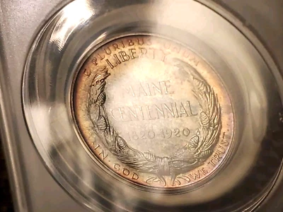 1920 MAINE COMMEMORATIVE HALF DOLLAR NICE MULTI COLOR WOW TONING ANACS MS63 - Image 1 of 4