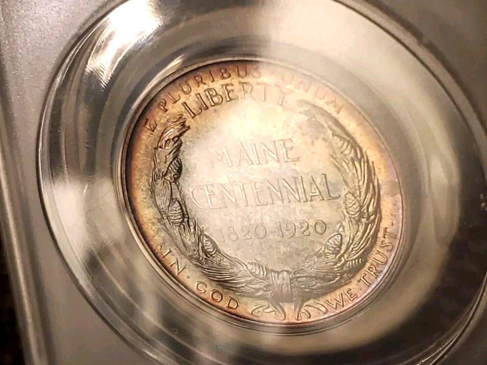 1920 MAINE COMMEMORATIVE HALF DOLLAR NICE MULTI COLOR WOW TONING ANACS MS63 - Image 1 of 4