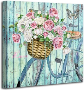 Bathroom Rustic Floral Print Wall Art Flowers Bicycle,Butterfly Canvas Painting - Picture 1 of 12