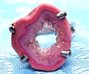 Bright Mauve Pink Druzy Quartz Ring, Sterling Silver Split Shank Mount, Sz. 8 - Picture 1 of 16