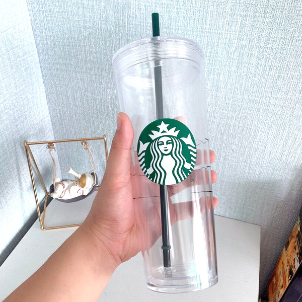 STARBUCKS ZEBRA VENTI 24 oz COLD CUP CLEAR YELLOW GRAY BLACK W STRAW Photo Related