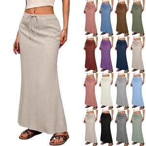 Women Linen Maxi Skirt Summer Elastic Waisted Flowy Long Split Skirt With Pocket - Picture 1 of 48
