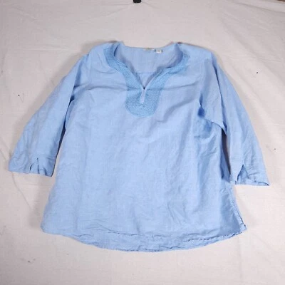LL Bean Blue Linen Blend Pullover Top Womens 1X Embroidered Boho Blouse Darts - Image 1 of 4