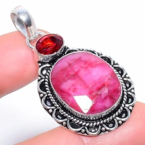 Ruby, Garnet Gemstone 925 Sterling Silver Pendant 1.9" P288 - Picture 1 of 5