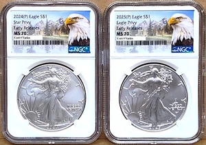 2 coin set 2024 and 2025 p silver eagle with privy ngc ms70 er mtn in hand - Picture 1 of 4