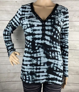 Rock & Republic Ribbed Thermal Top Small Blue Navy Tie Dye Snap Button V-Neck - Picture 1 of 12
