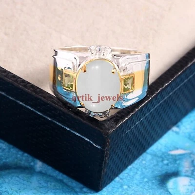 Anillo De Hombre De Plata De Ley 925 Con Ónix Blanco Natural Y Peridoto #5874 - Imagen 1 de 4