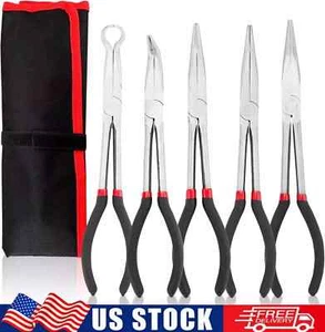 5Pack 11Inch Long Needle Bent Nose Pliers Set Extended Reach Tools Curved Pliers - Picture 1 of 9