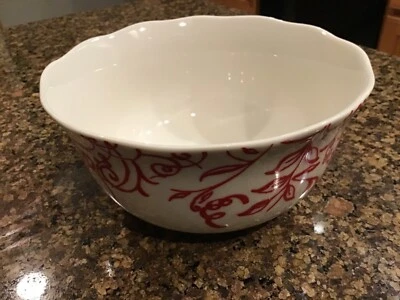 2010-2013 Cynthia's Scrolls Red White Soup Cereal Bowl Rowley Floral Vine NEW - Image 1 of 4