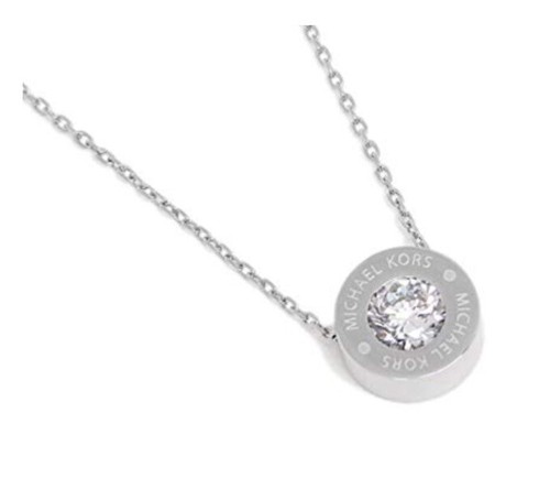 NUOVA COLLANA MICHAEL KORS TONO ARGENTO CATENA + DISCO CRISTALLO CIONDOLO MKJ5341 + SCATOLA
