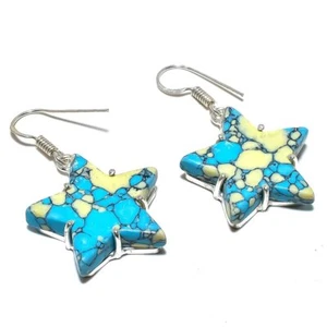 Star - Mosaic Turquoise Gemstone 925 Sterling Silver Earring 1.7" z298 - Picture 1 of 7