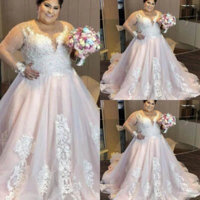 Blush Pink Wedding Dress Beaded Long Sleeve Bridal Gown Lace Appliques Plus Size - Image 1 of 4