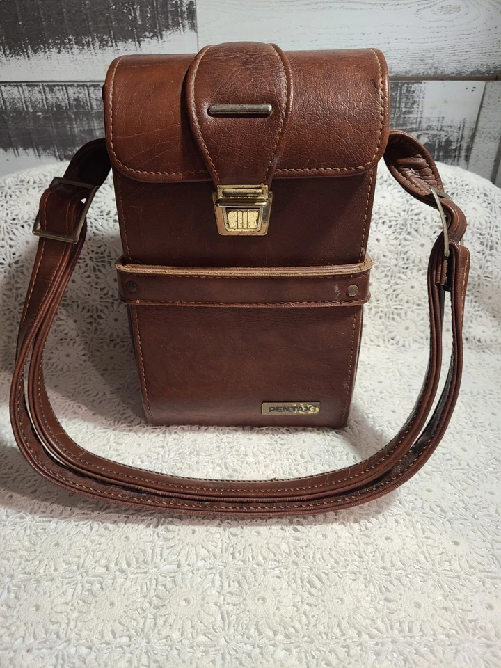Pentax Camera Bag 2 Section Hard Case Brown Authentic With Pentax Takumar Lens - Image 1 of 4