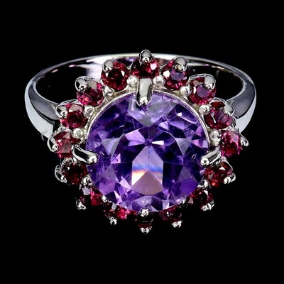 Anillo de plata de ley 925 redondo amatista 10 mm rodolita granate piedras preciosas joyería 8 Foto 1 de 4