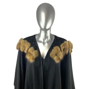 Black Cashmere Cape w/ RUSSIAN SABLE, KIP KIRKENDALL, One Sz, Certified Vintage - Picture 1 of 10