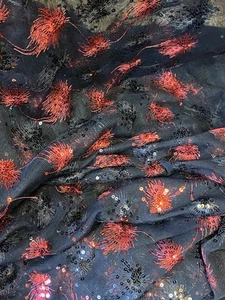 Red & Black Sequins embroidery Lace Fabric 60” Width Sold By The Yard - Picture 1 of 7