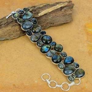 925 Sterling Silver Natural Labradorite Gemstone Handmade Jewelry Bracelet-8" - Picture 1 of 10