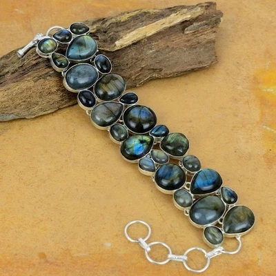 925 Sterling Silver Natural Labradorite Gemstone Handmade Jewelry Bracelet-8" - Image 1 of 4