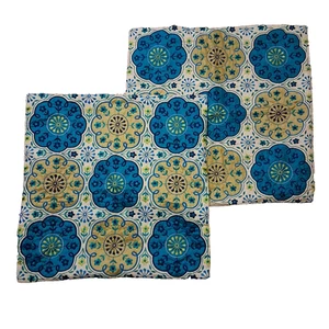 Lot of 2 Pier 1 Boho Crewel Embroidered Throw Pillow Cover Textured Blue Yellow - Picture 1 of 11