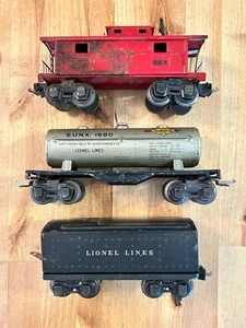 3 Pre-War TIN TRAIN CARS 2 Lionel SUNOCO 1680 TENDER 1689 American Flyer CABOOSE - Bild 1 von 24