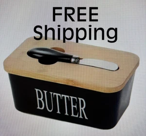 Black Ceramic BUTTER DISH with Bamboo Lid & Knife - Airtight Silicone Seal 6" - Picture 1 of 9