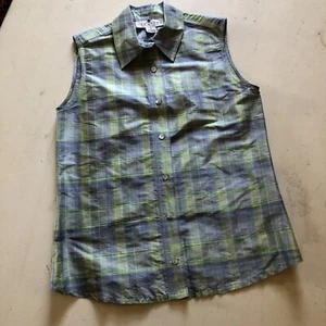 Saks Fifth Avenue Blouse Womens 4 Plaid 100% Silk Blue Green Button Nubby Classy - Picture 1 of 5