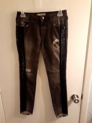 Free People Sz 24 Crop Skinny Jeans 61855-16515125 Low Rise Black w/Sequins  - Image 1 of 3