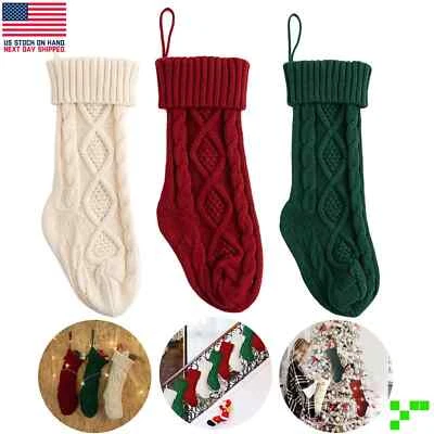 3 Cable Knit Christmas Stockings 18" Knitted Yarn Mantle Fireplace Gift Stocking - Image 1 of 4