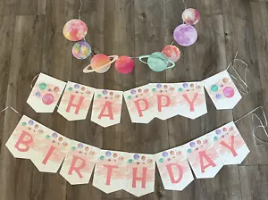 Happy Birthday Party Banner and Planet Banner Pink Letters Outer Space NEW - Picture 1 of 1
