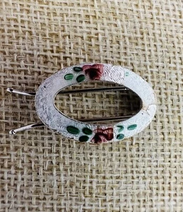 Vintage Art Deco Guilloche Enamel Hair Pin Barrette Pale Silver With Roses Oval - Picture 1 of 11