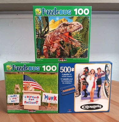 Lot 3 Jigsaw Puzzles T-Rex Dinosaur,Chipmunk For President,Clueless 90s Comedy - Image 1 of 4