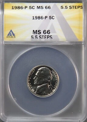 1986 P Jefferson Nickel 5c ANACS MS66, 5.5 Steps on Jefferson Memorial on back - Image 1 of 2