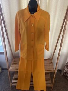 Vintage 1960’s 1970’s Yellow Collared Wide Leg Pant Suit Large Size 14 Stretchy