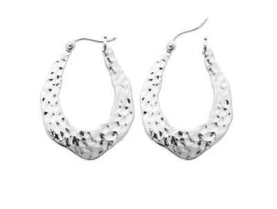 Orecchini A Cerchio In Argento 925/000 Rodio - Forma Irregolare Martellata - Immagine 1 di 4