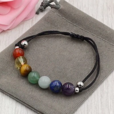 Handmade Natural 7 Stone Healing Crystal Gemstone Chakra Cord Bracelet 8mm - Image 1 of 4