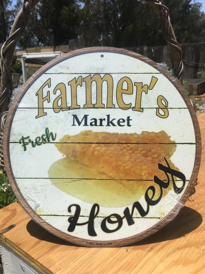 Farmers Market Fresh Honey Round Sign Tin Vintage Garage Bar Decor Old Rustic - Image 1 of 1