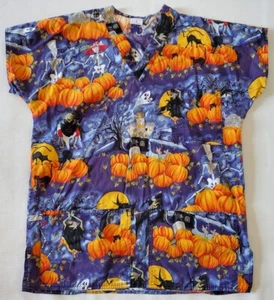 Scrubs Top Womens Size S Blue/Orange Halloween Themed Pumpkins Witch 100% Cotton - Picture 1 of 5