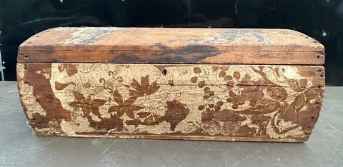 Early Antique Wooden Dome Topped Wallpaper Trunk Lined with Newspaper from 1821 Cover