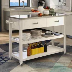 White Wood Kitchen Cart with Open Shelves, Towel Rack, Drawer, and Wheels - Picture 1 of 6