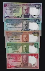 Portugal Angola COMPLETE SET 20+ 50 + 100 + 500 + 1000 ESCUDOS 1972 AU - UNC - Picture 1 of 2