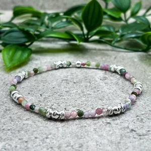 Sterling silver TOURMALINE rainbow gemstone stretch stacking tiny bead bracelet - Picture 1 of 5