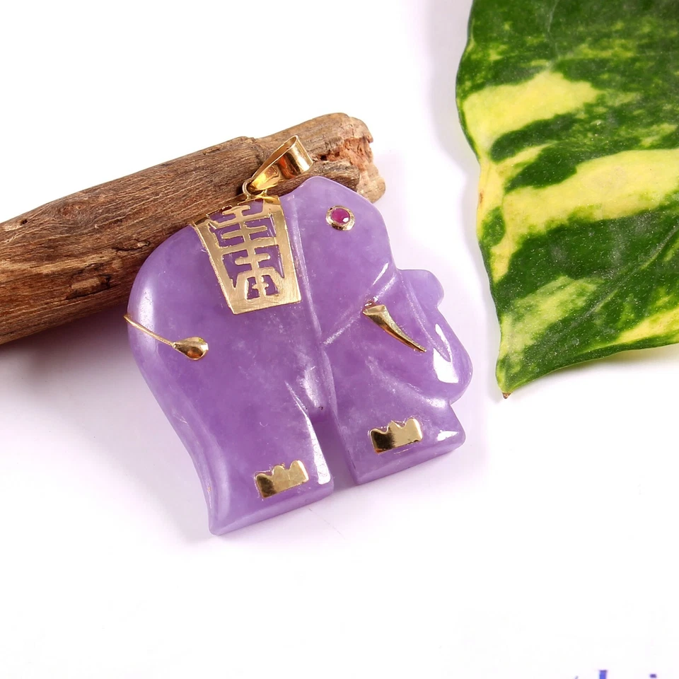14k Solid Gold Schmuck Natürlich Lila Jade Hand Geschnitzt Elefant Anhänger - Bild 1 von 4